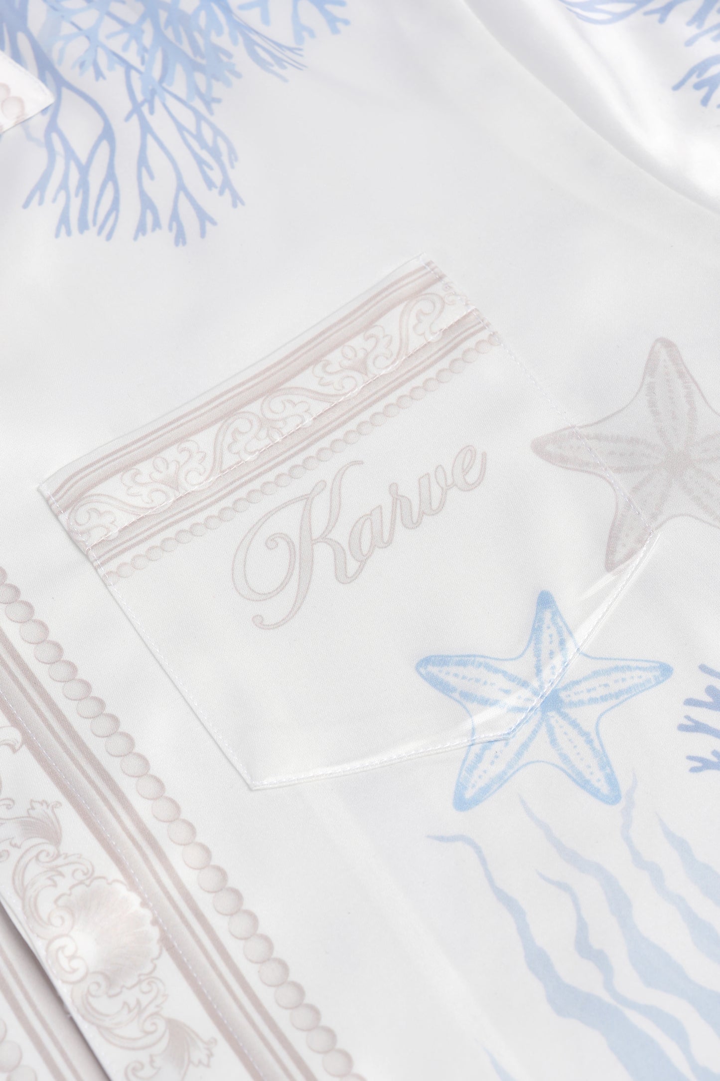 Rococo Coraline White Silk Shirt | Premium Printed Silk Taffeta White Base Ocean