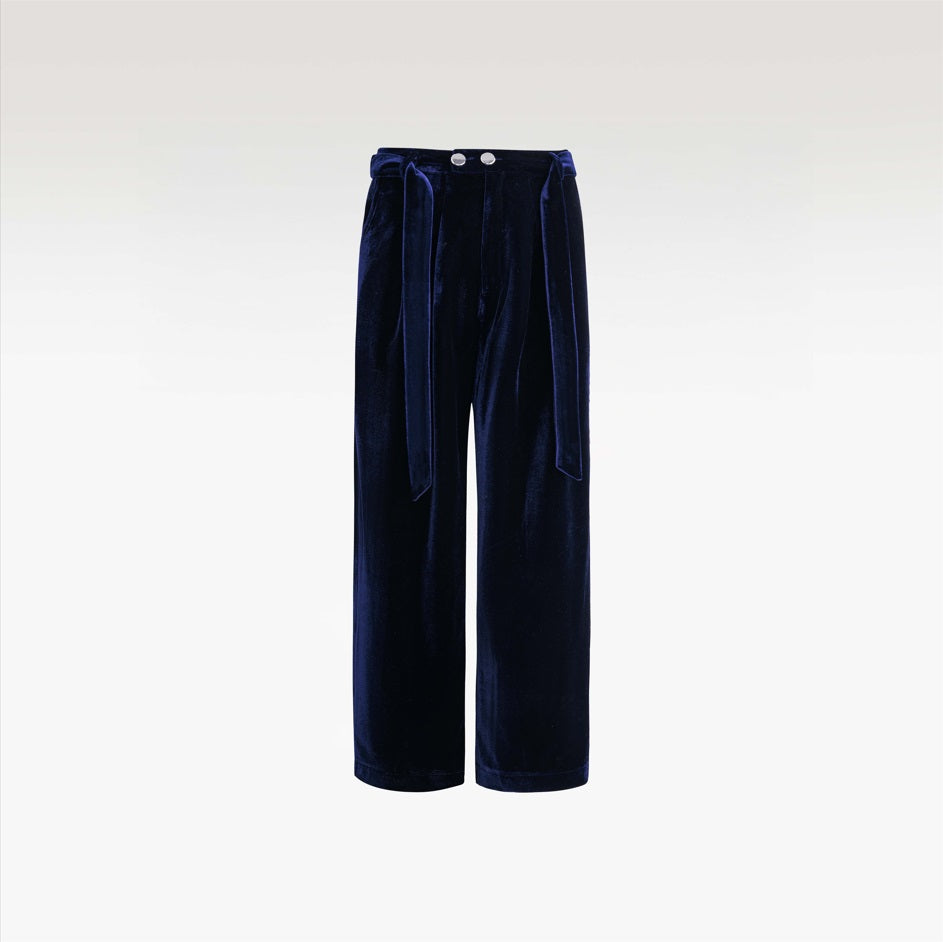 Navy Reverie Trousers | Premium Velvet, High-Waist Fluid Wide-Leg Silhouette