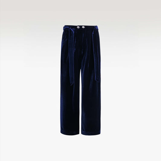 Navy Reverie Trousers | Premium Velvet, High-Waist Fluid Wide-Leg Silhouette