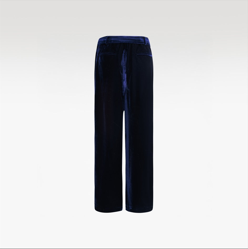 Navy Reverie Trousers | Premium Velvet, High-Waist Fluid Wide-Leg Silhouette