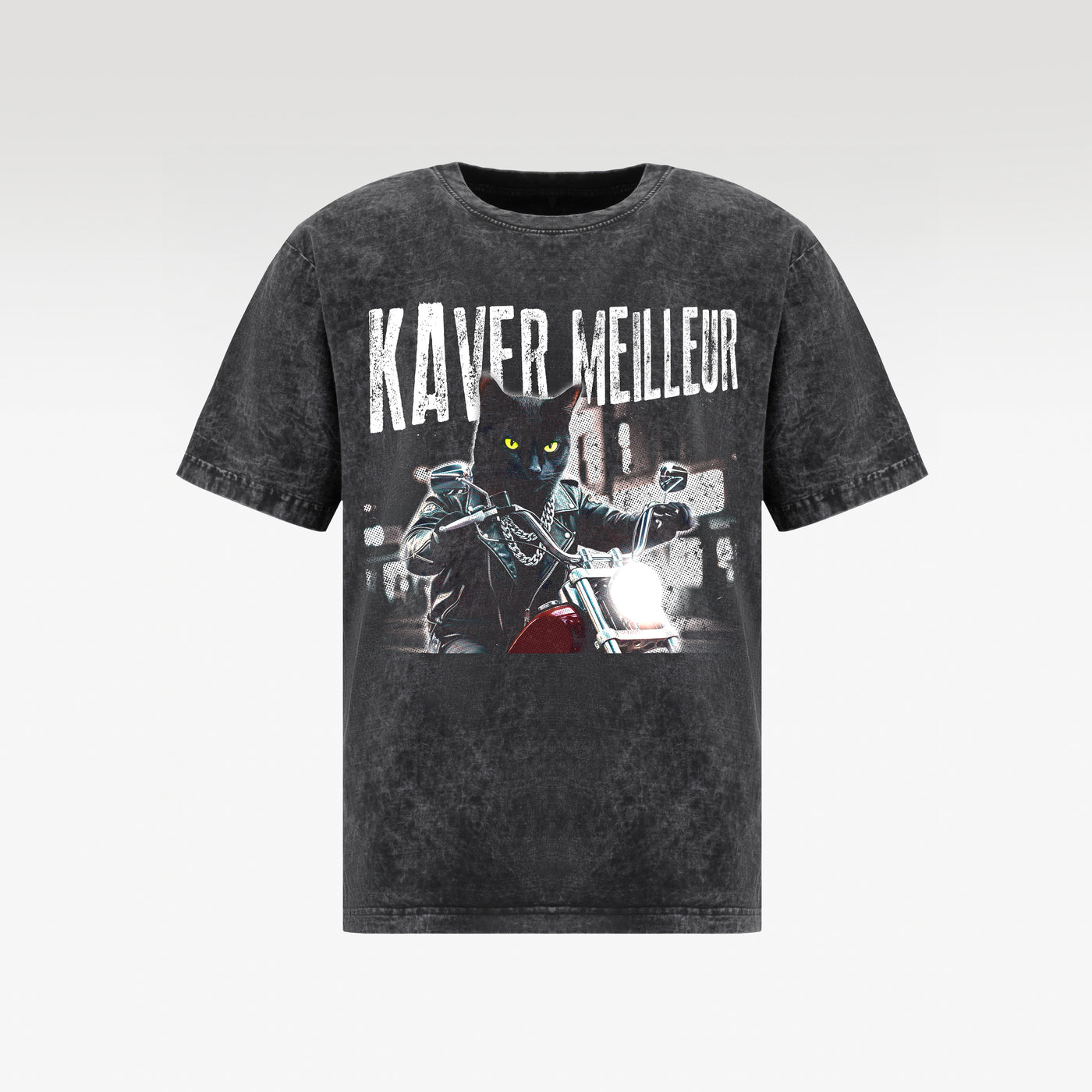 NIGHT RIDER CAT WASH T- SHIRT | Vintage Acid Wash Graphic Tee - Gothic Boxy Fit Streetwear Shirt