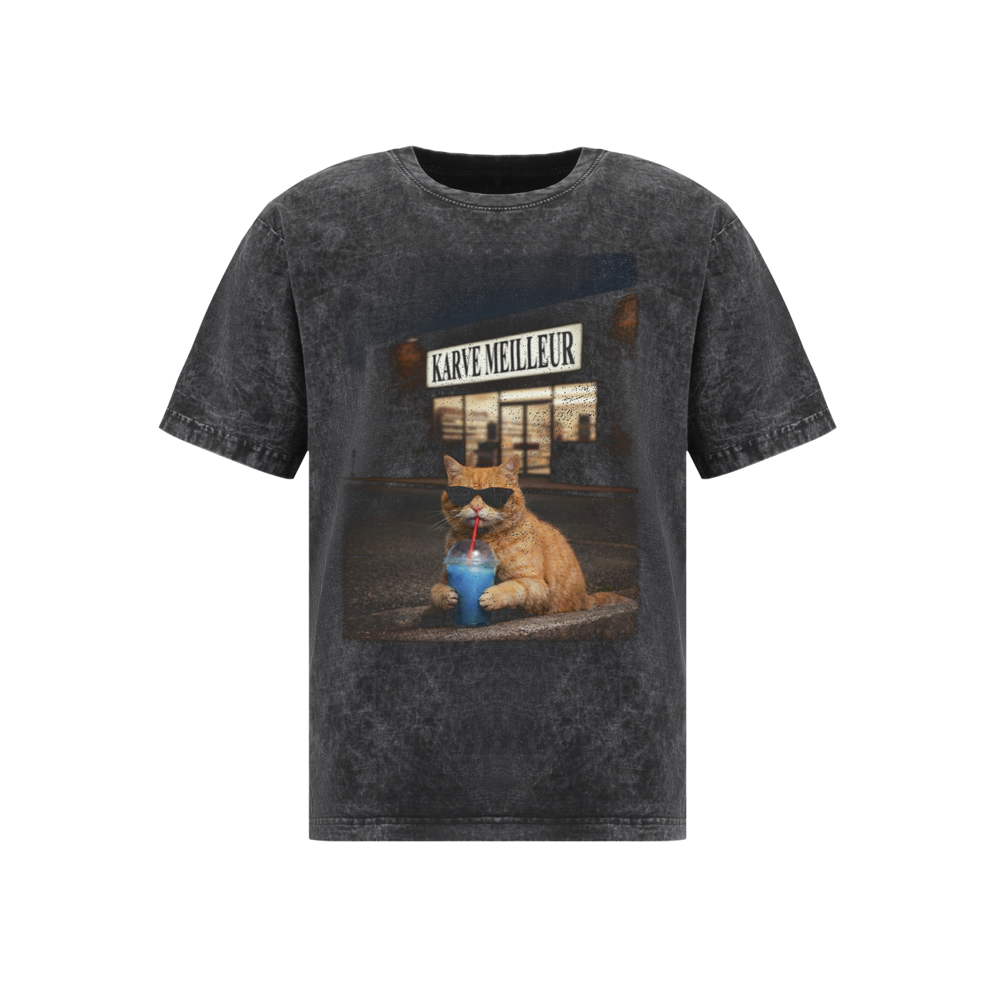 MIDNIGHT COOL CAT WASH T- SHIRT | Vintage Acid Wash Graphic Tee - Gothic Boxy Fit Streetwear Shirt