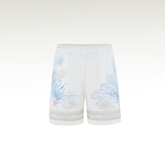 Rococo Coraline White Silk Shorts | Premium Printed Silk Taffeta White Base Ocean