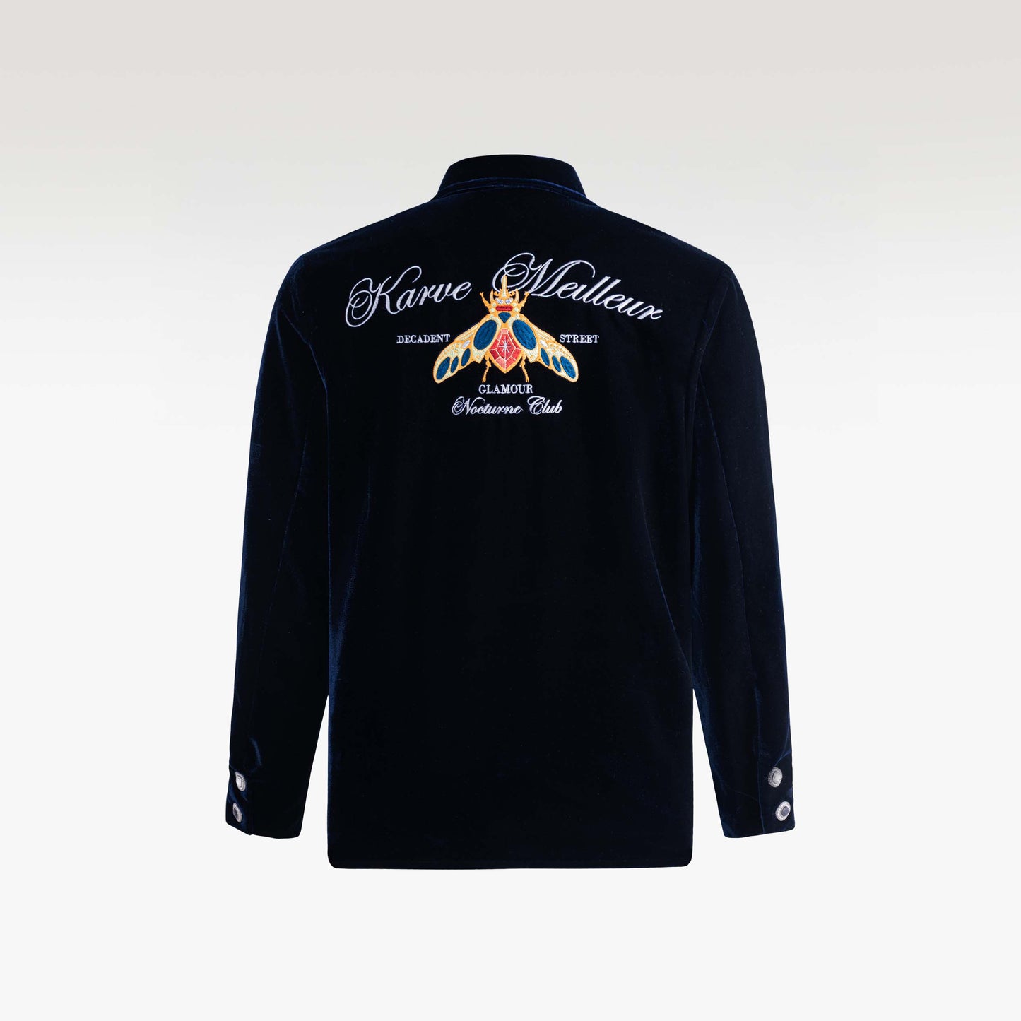 Navy Reverie Jacket |  Luxury Velvet Street Style Jacket, Signature Embroidered Decadent Bee