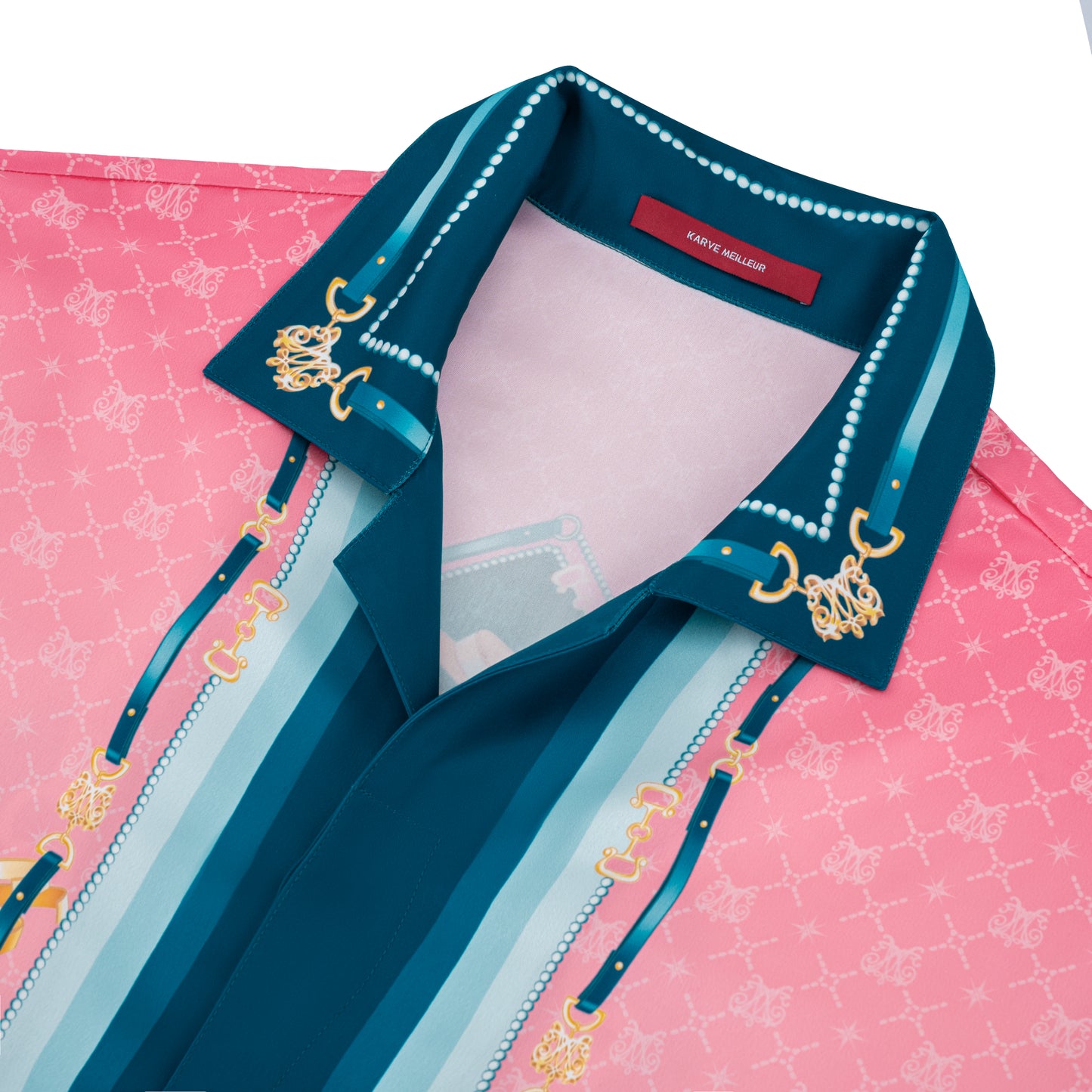 The Fancy Duke Long-Sleeve Silk Shirt | Decadent Printed Silk Taffeta Cuban Collar Jeweled Beetle