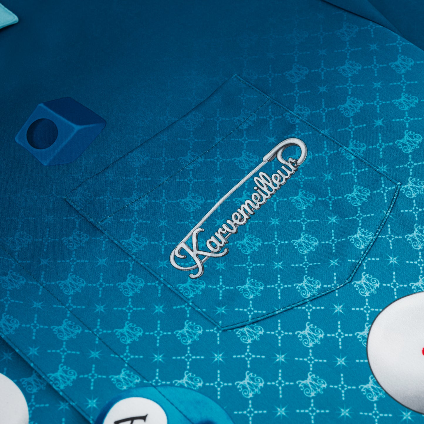 8Pools Blue Silk Shirt | Printed Silk Taffeta Cuban Collar Short Sleeve Nightlife Billiard Game