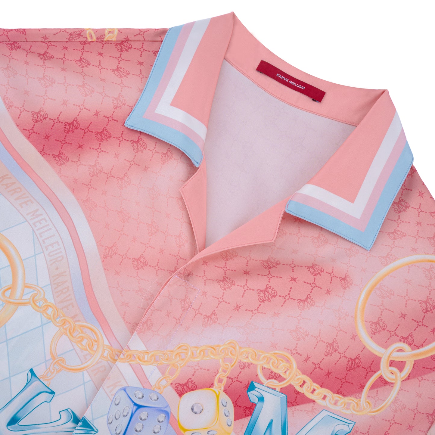 Miami Dice Silk Shirt | Printed Silk Taffeta Pastel Cuban Collar Short Sleeve Tropical Chain Monogram