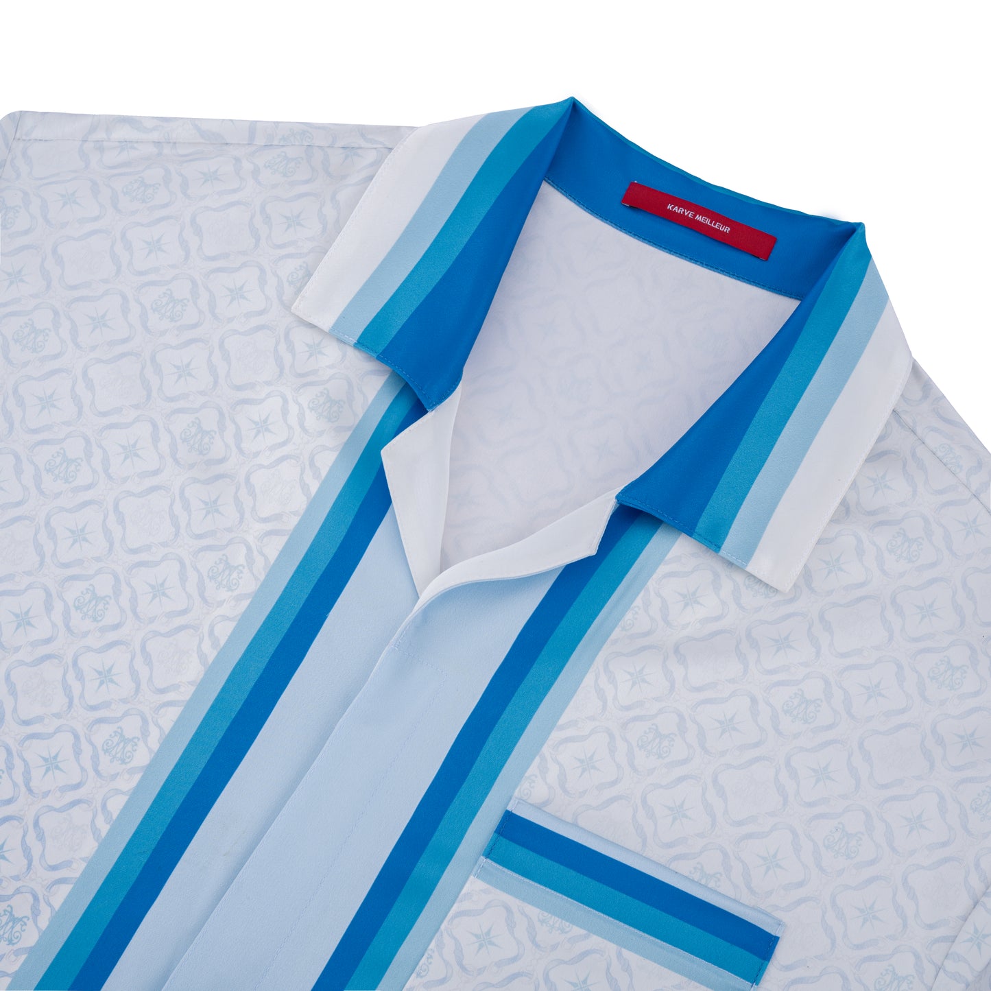 K Mania Blue Silk Shirt | Printed Silk Short-Sleeve Luxury Monogram Design