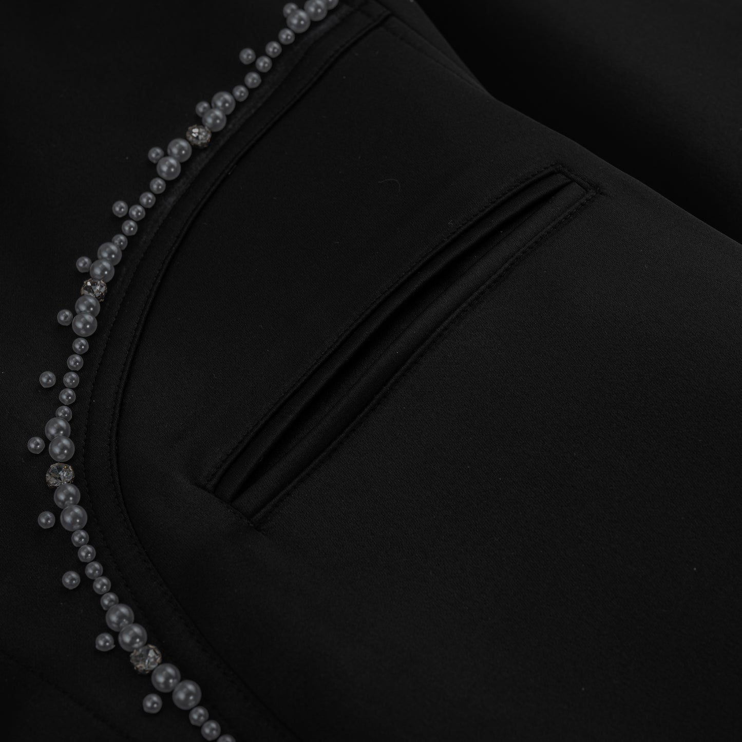 Midnight Glow Silk Jacket | Premium Black Silk Satin Pearl & Crystal Embellished