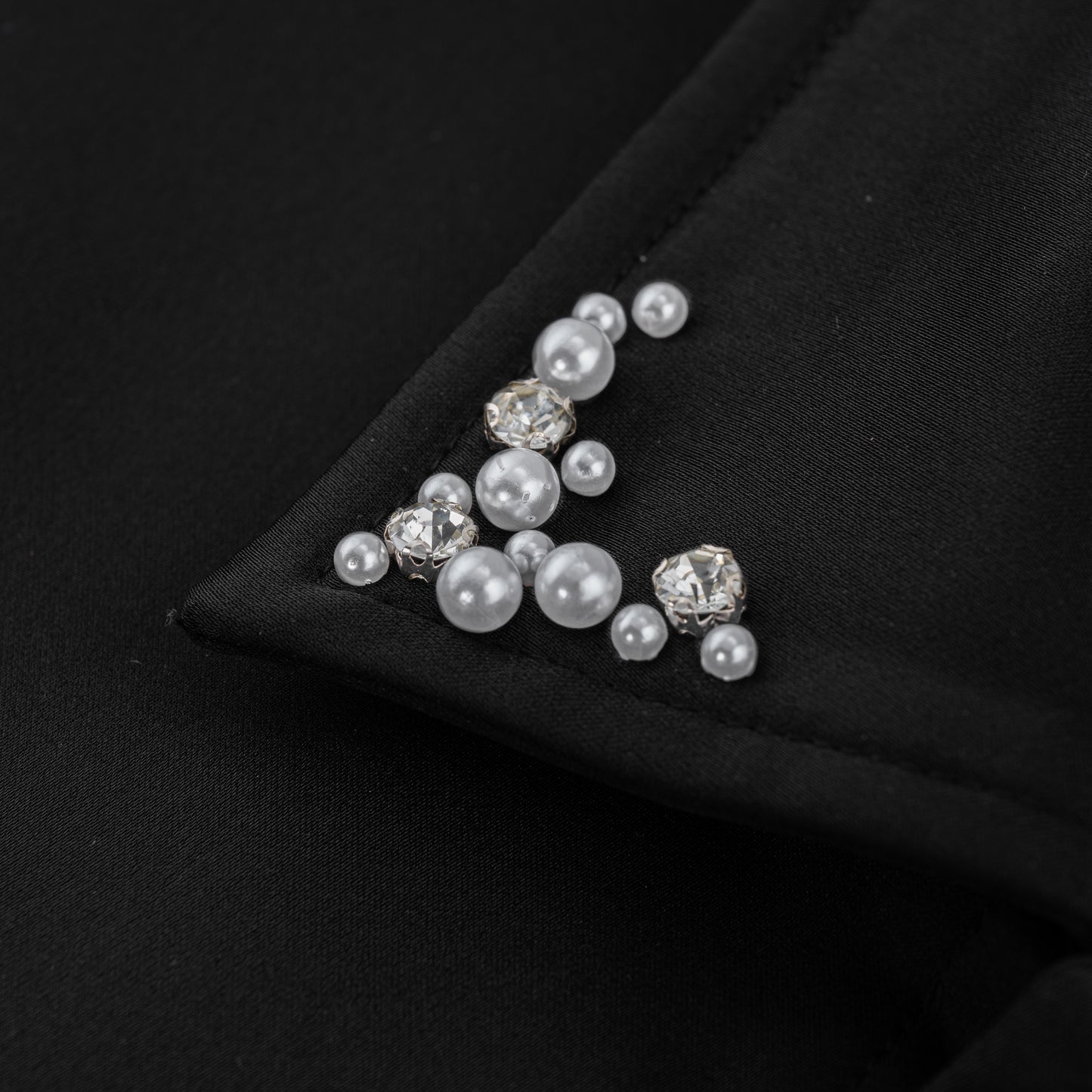 Midnight Glow Silk Jacket | Premium Black Silk Satin Pearl & Crystal Embellished