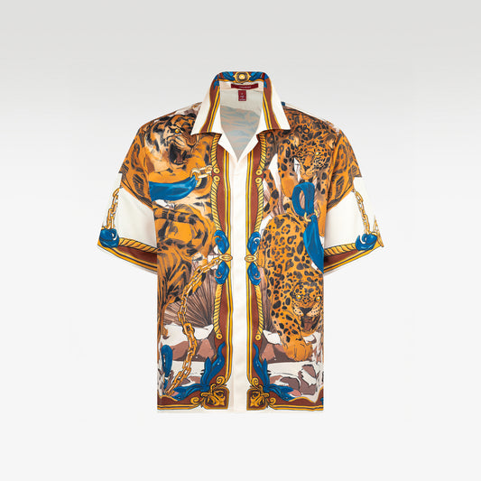 Ivory Tiger Silk Shirt | Relaxed Short Sleeve Cuban Collar Shirt