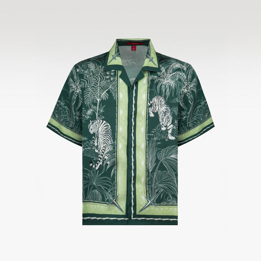 Tiger Green Silk Shirt | Relaxed Short Sleeve Cuban Collar Shirt