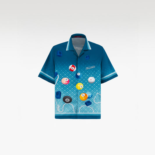 8Pools Blue Silk Shirt | Printed Silk Taffeta Cuban Collar Short Sleeve Nightlife Billiard Game