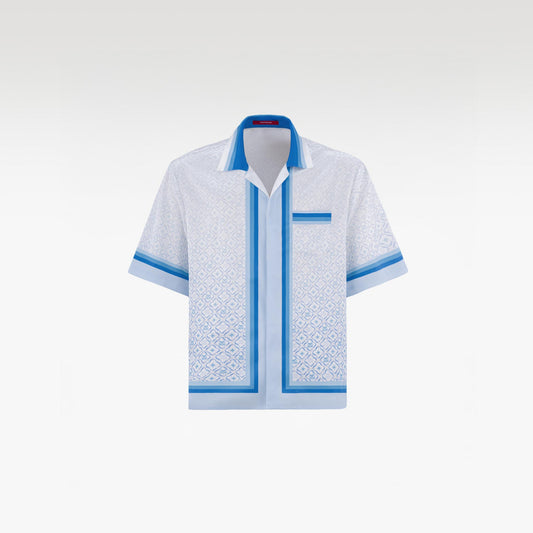 K Mania Blue Silk Shirt | Printed Silk Short-Sleeve Luxury Monogram Design