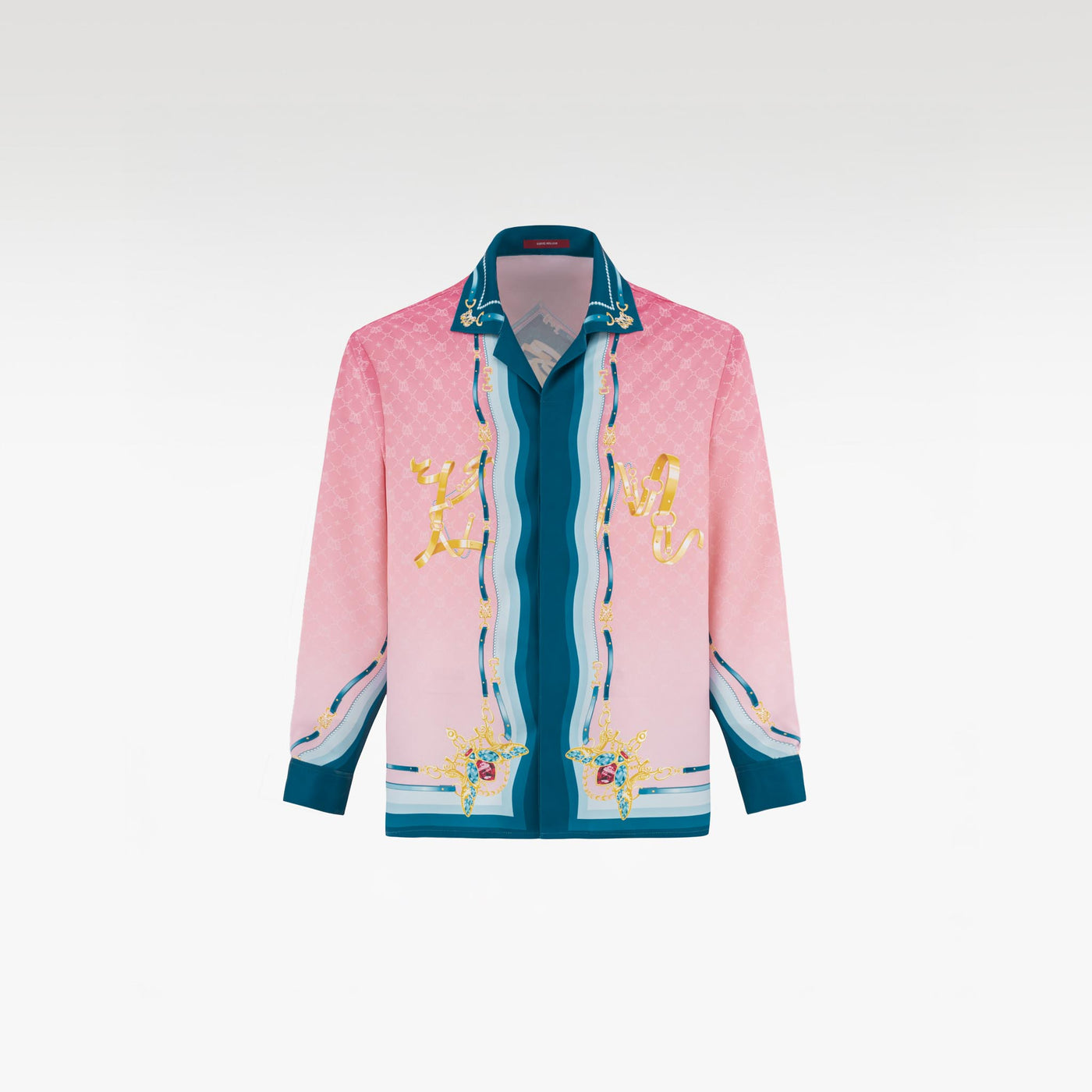 Fancy Duke Long-Sleeve Silk Shirt | Pastel Pink Spade Royale Teal Trim Accents