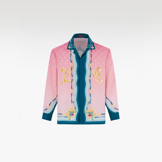 The Fancy Duke Long-Sleeve Silk Shirt | Decadent Printed Silk Taffeta Cuban Collar Jeweled Beetle