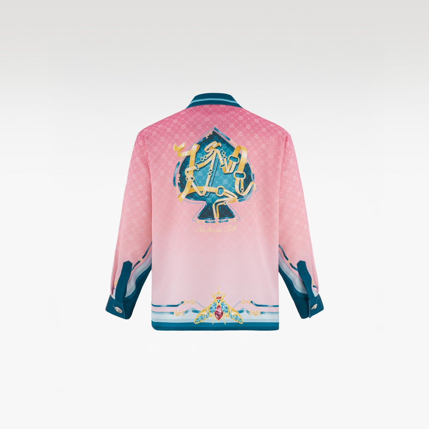 The Fancy Duke Long-Sleeve Silk Shirt | Decadent Printed Silk Taffeta Cuban Collar Jeweled Beetle