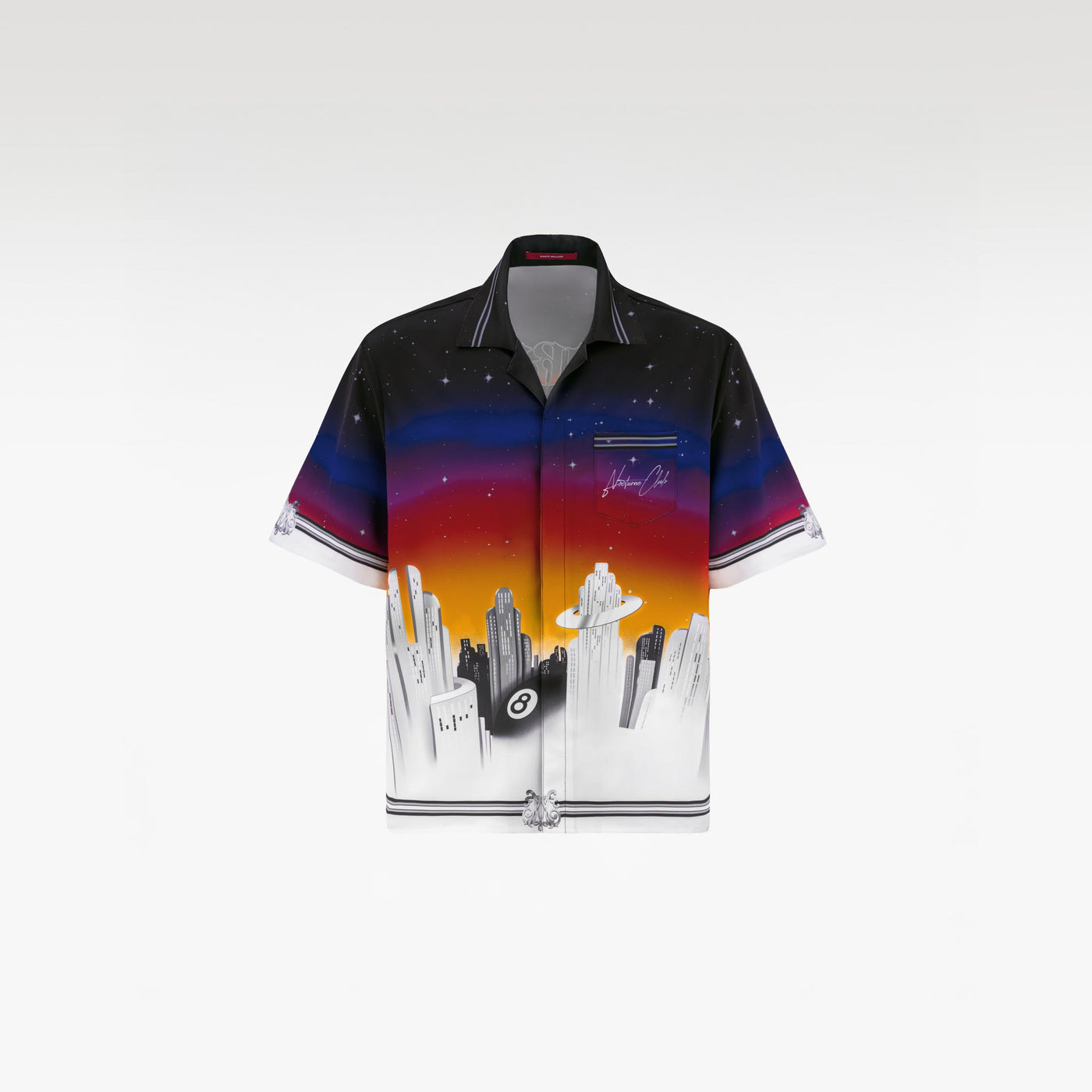 K City Silk Shirt | Futuristic Gradient Eight-Ball Cosmic City Print