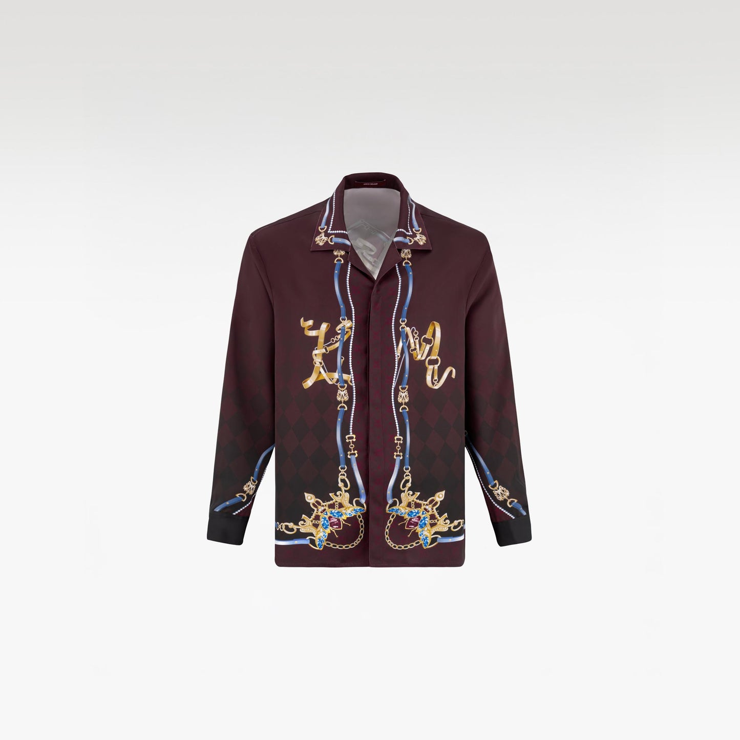 The Night Duke Long-Sleeve Silk Shirt | Designer Silk Taffeta Card Print Cuban Collar Shirt