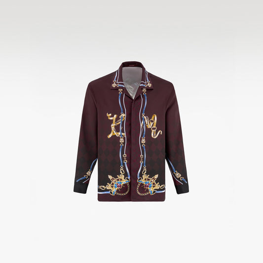 The Night Duke Long-Sleeve Silk Shirt | Designer Silk Taffeta Card Print Cuban Collar Shirt