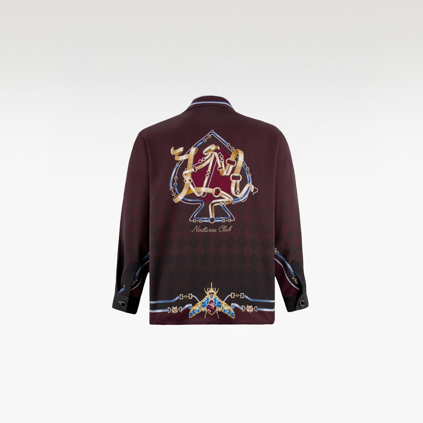 The Night Duke Long-Sleeve Silk Shirt | Designer Silk Taffeta Card Print Cuban Collar Shirt