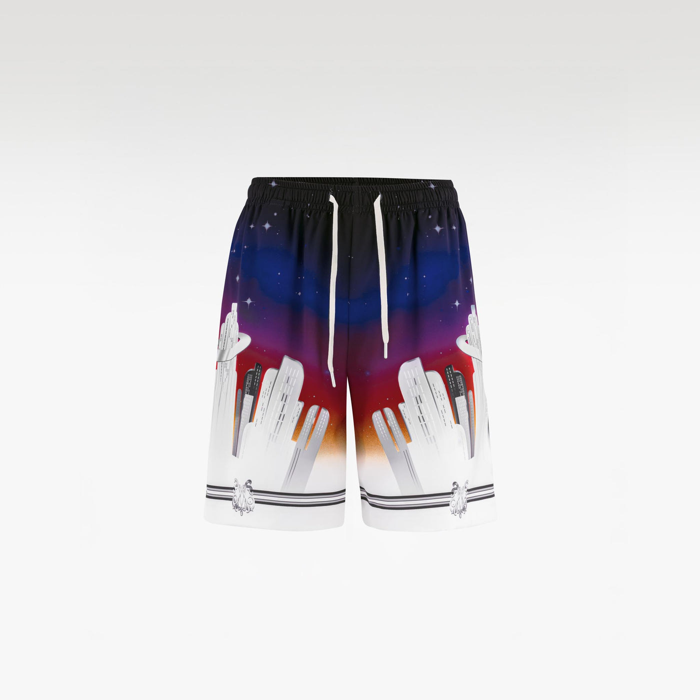 K City Silk Shorts | Futuristic Gradient Eight-Ball Cosmic City Print