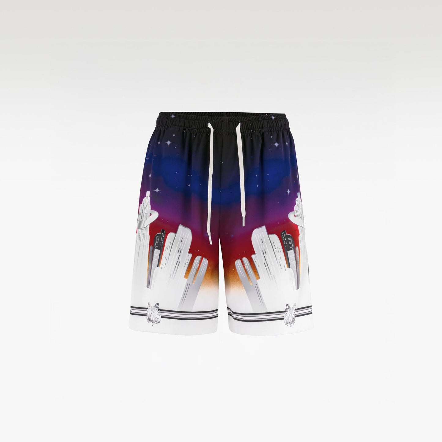 K City Silk Shorts | Premium Printed Silk Taffeta Futuristic Cityscape