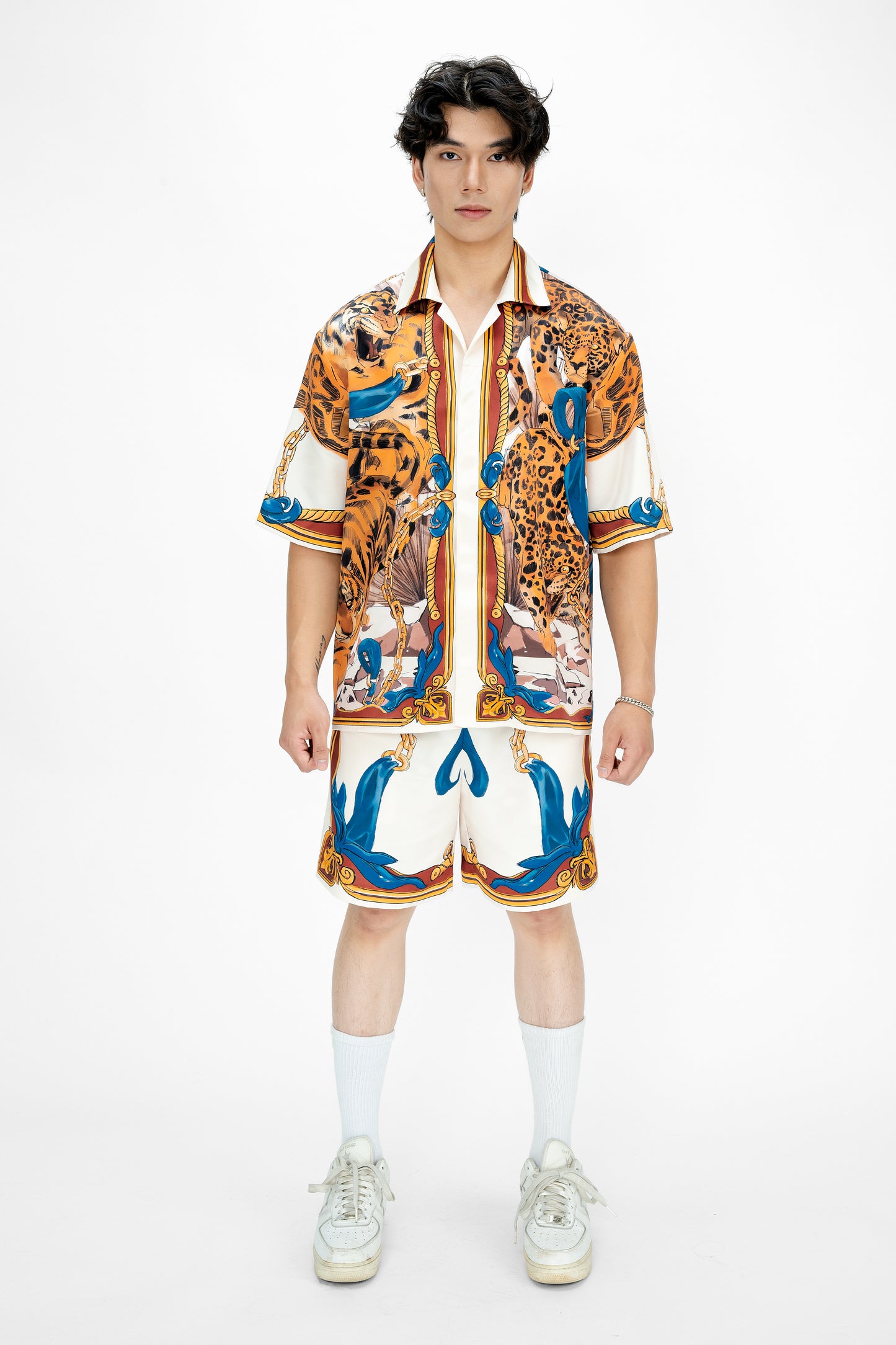 Ivory Tiger Silk Shorts | Drawstring Elastic Waistband Silk Shorts