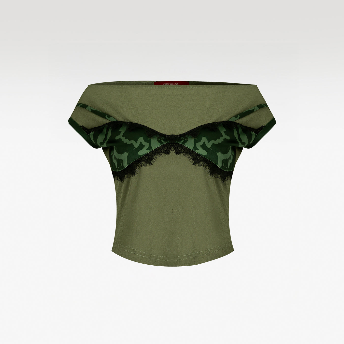 Olive Whisper Off-Shoulder Top | Olive Green Fitted Bardot Top with Patterned Bust Overlay & Black Eyelash Lace