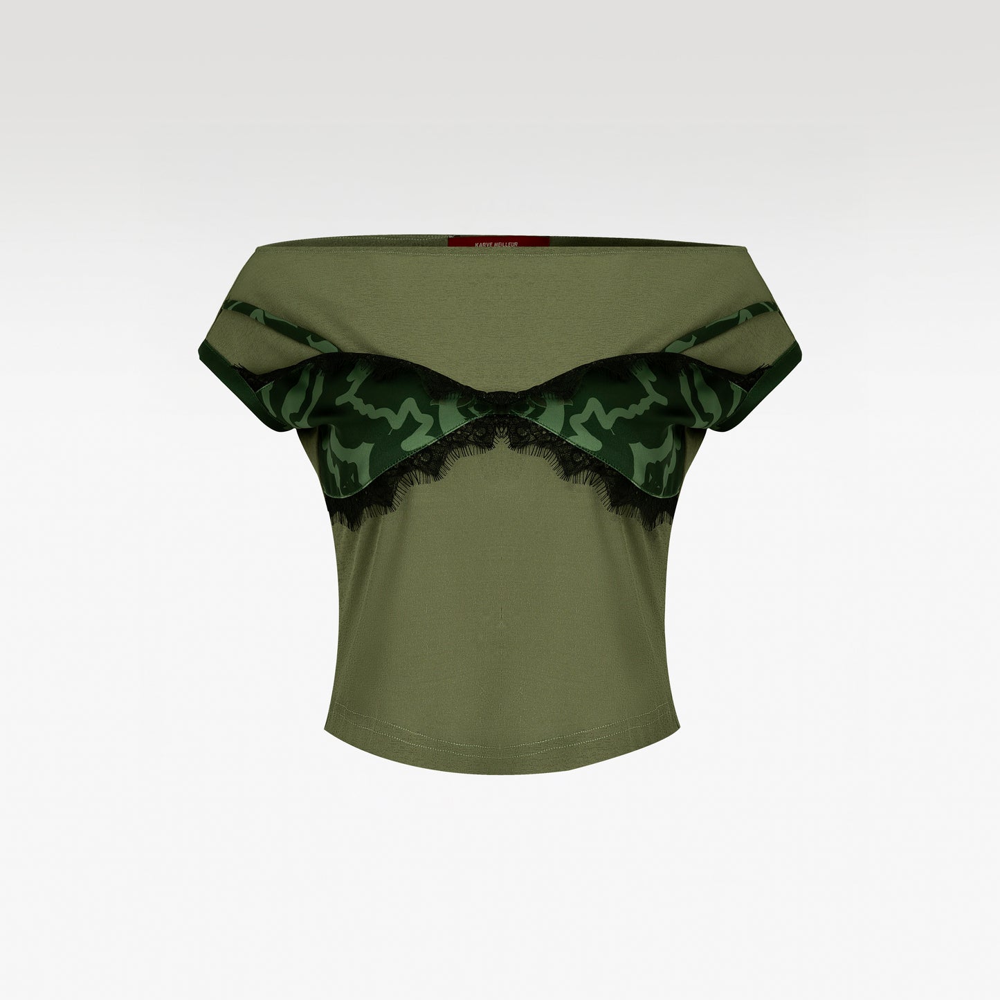 Olive Whisper Off-Shoulder Top | Olive Green Fitted Bardot Top with Patterned Bust Overlay & Black Eyelash Lace