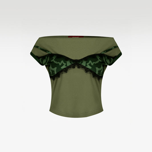 Olive Whisper Off-Shoulder Top | Olive Green Fitted Bardot Top with Patterned Bust Overlay & Black Eyelash Lace