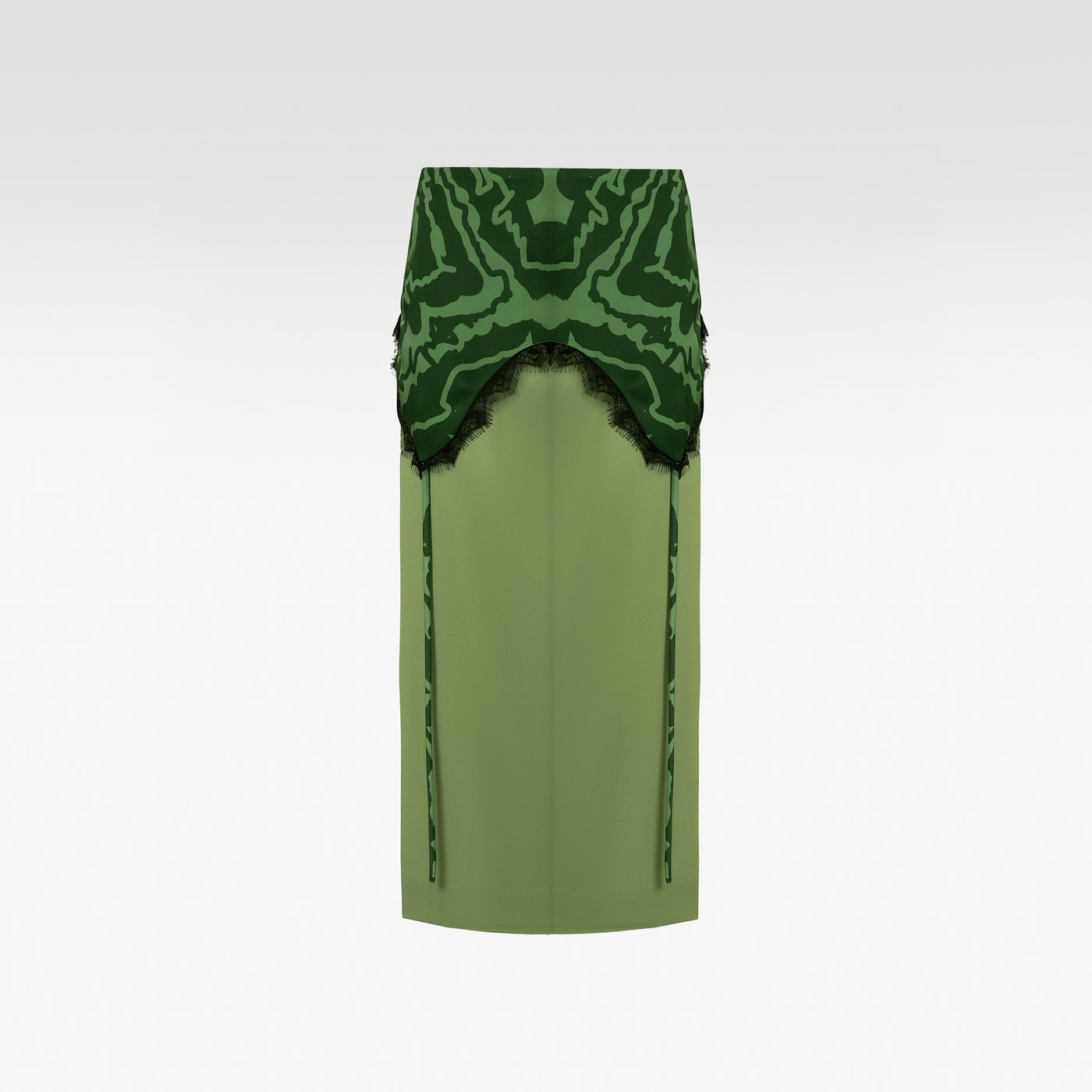 Olive Whisper Midi Skirt | Olive Green Corset-Waist Column Skirt with Patterned Yoke & Black Eyelash Lace