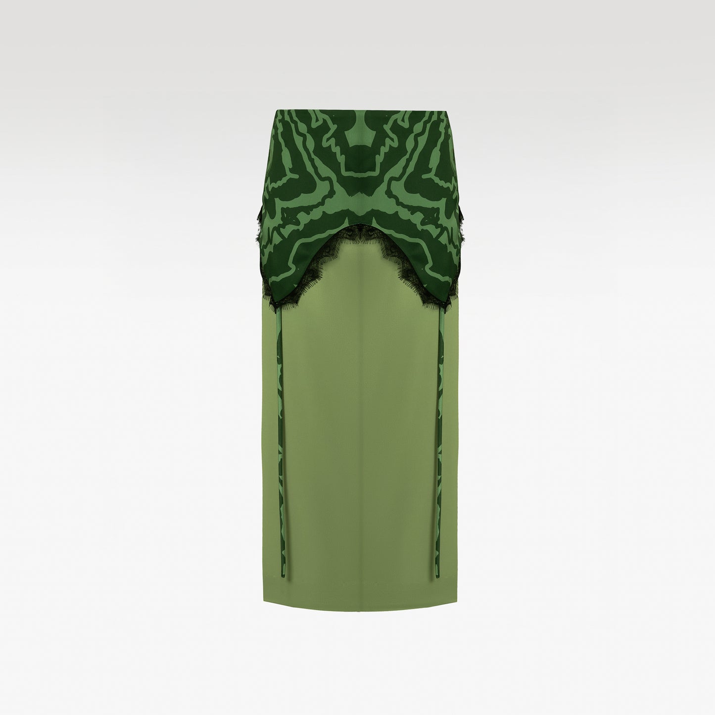 Olive Whisper Midi Skirt | Olive Green Corset-Waist Column Skirt with Patterned Yoke & Black Eyelash Lace
