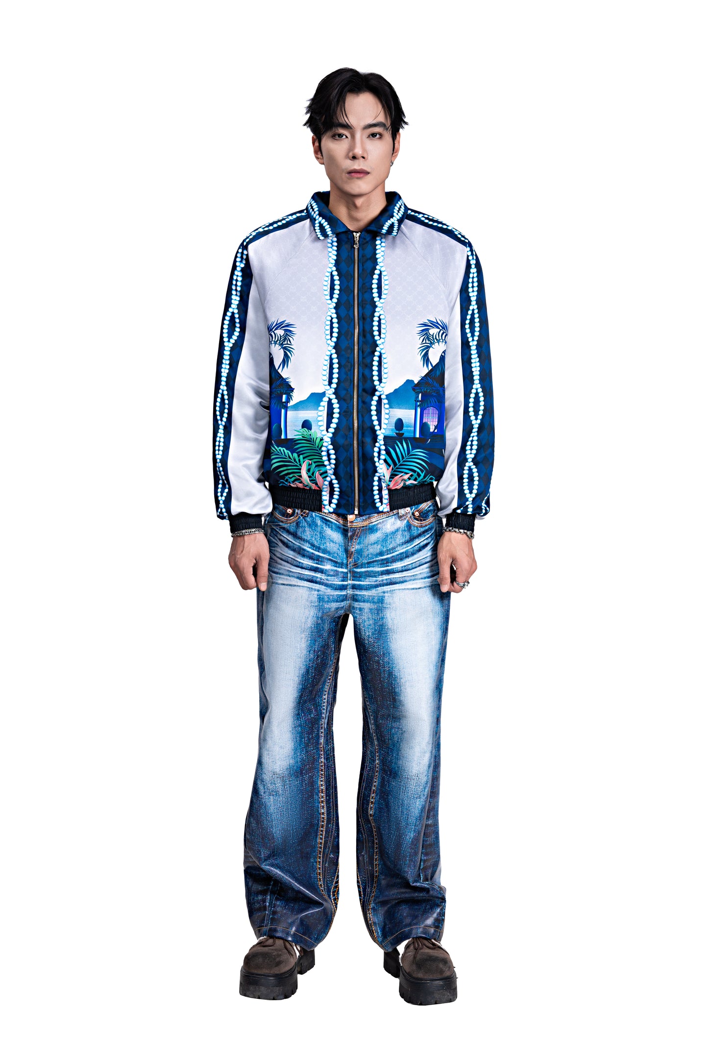 The Ocean Monarch Silk Bomber Jacket | Premium Satin Silk Tropical Night Beach Scene Print