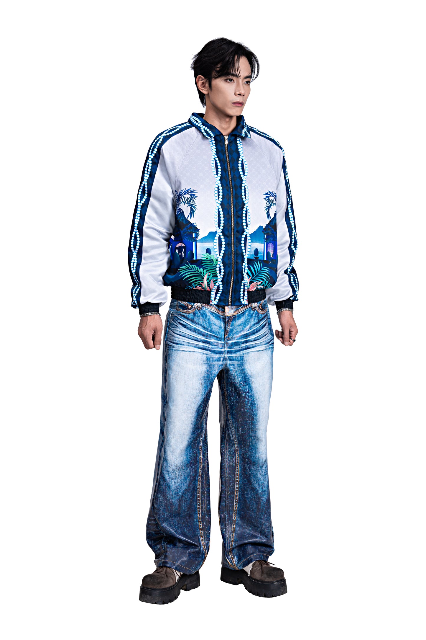 The Ocean Monarch Silk Bomber Jacket | Premium Satin Silk Tropical Night Beach Scene Print