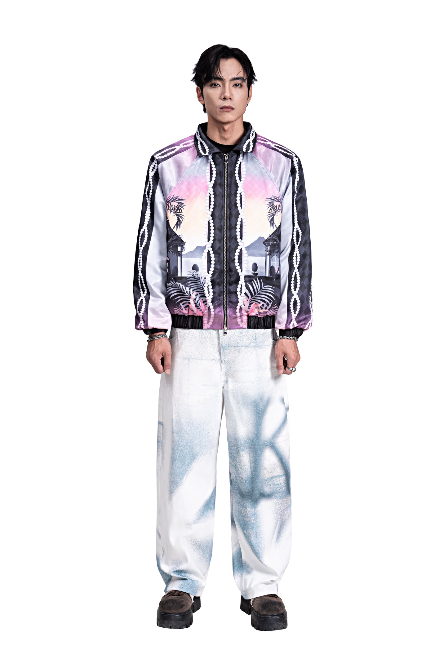 The Midnight Luxe Bomber Silk Jacket | Premium Silk Satin Tropical Twilight Scene Print