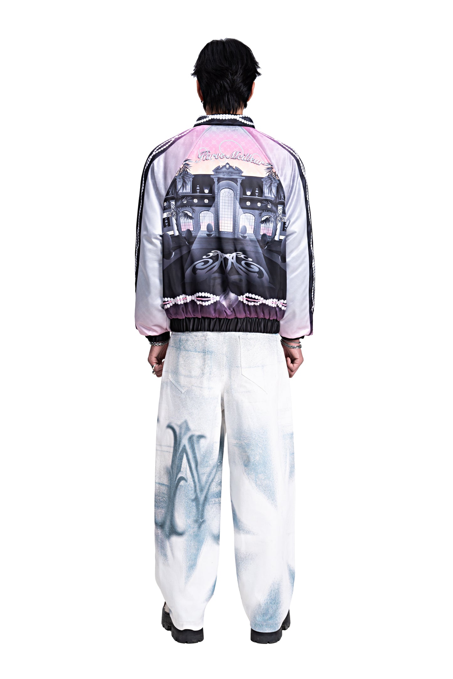 The Midnight Luxe Bomber Silk Jacket | Premium Silk Satin Tropical Twilight Scene Print