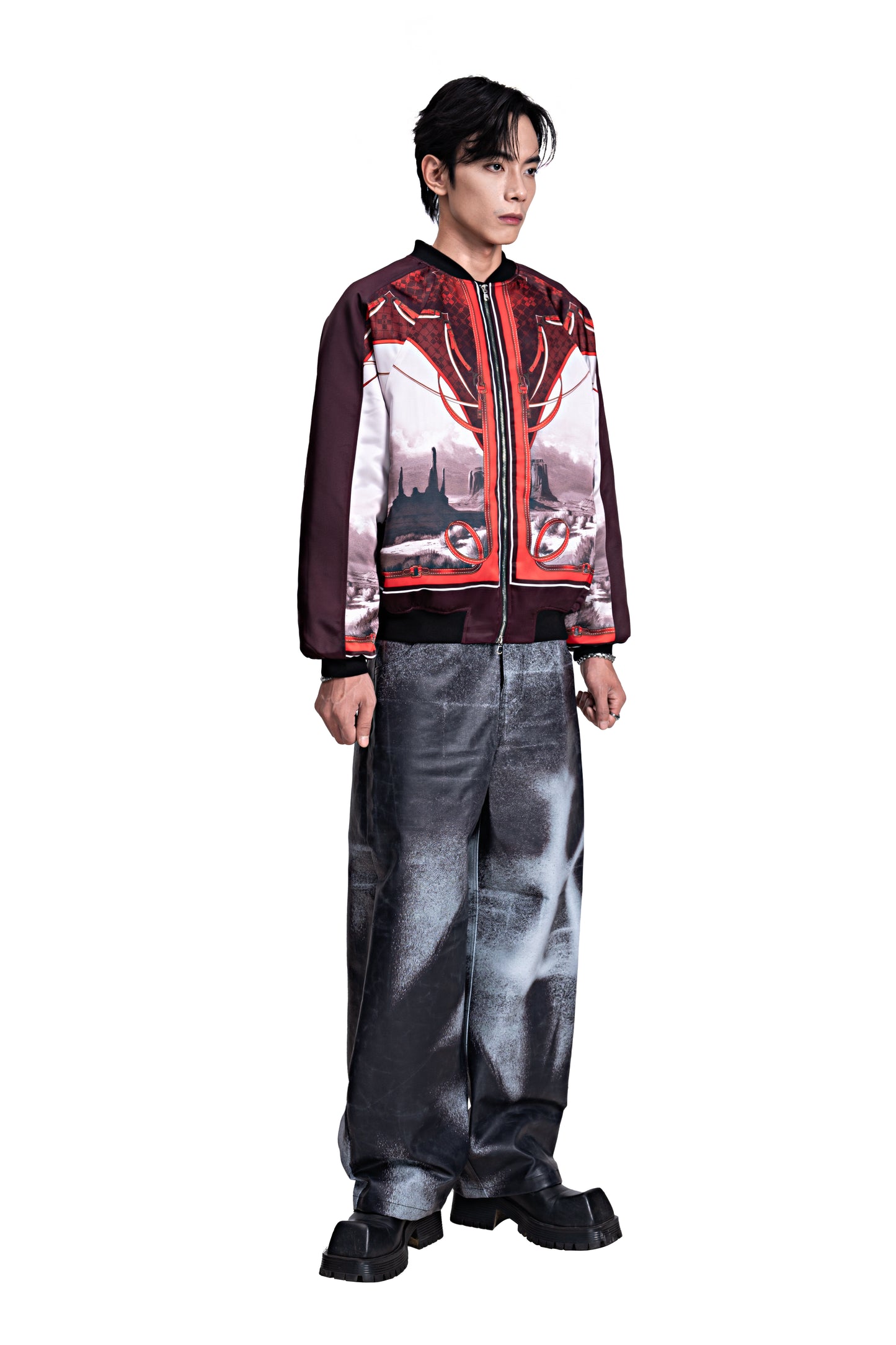 The Monarch Bomber Jacket | Canyon Landscape Print Urban Harness Statement