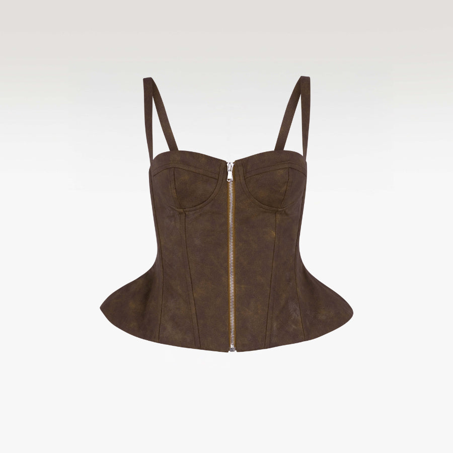 Sierra Faux Leather Corset | Premium Marbled Brown Luxury Peplum Top