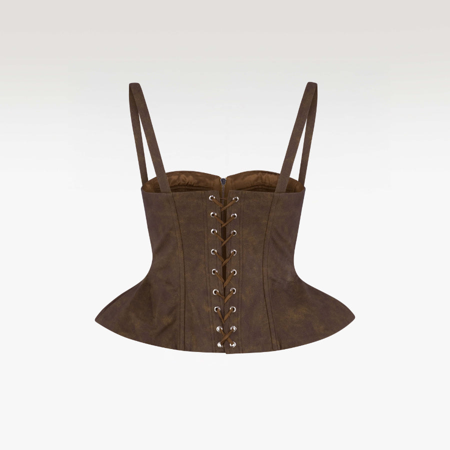 Sierra Faux Leather Corset | Premium Marbled Brown Luxury Peplum Top