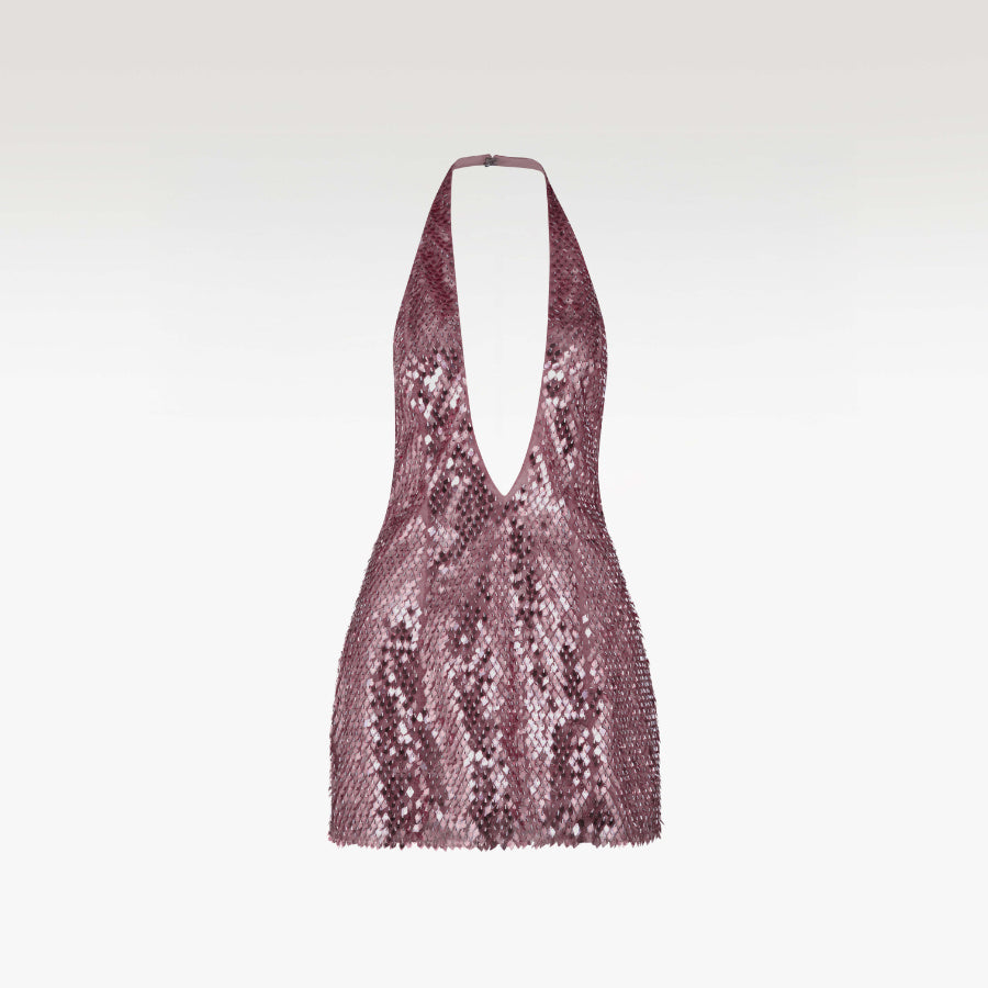Rose Quartz Nebula Dress | Premium Sequin Halter Luxury Bodycon