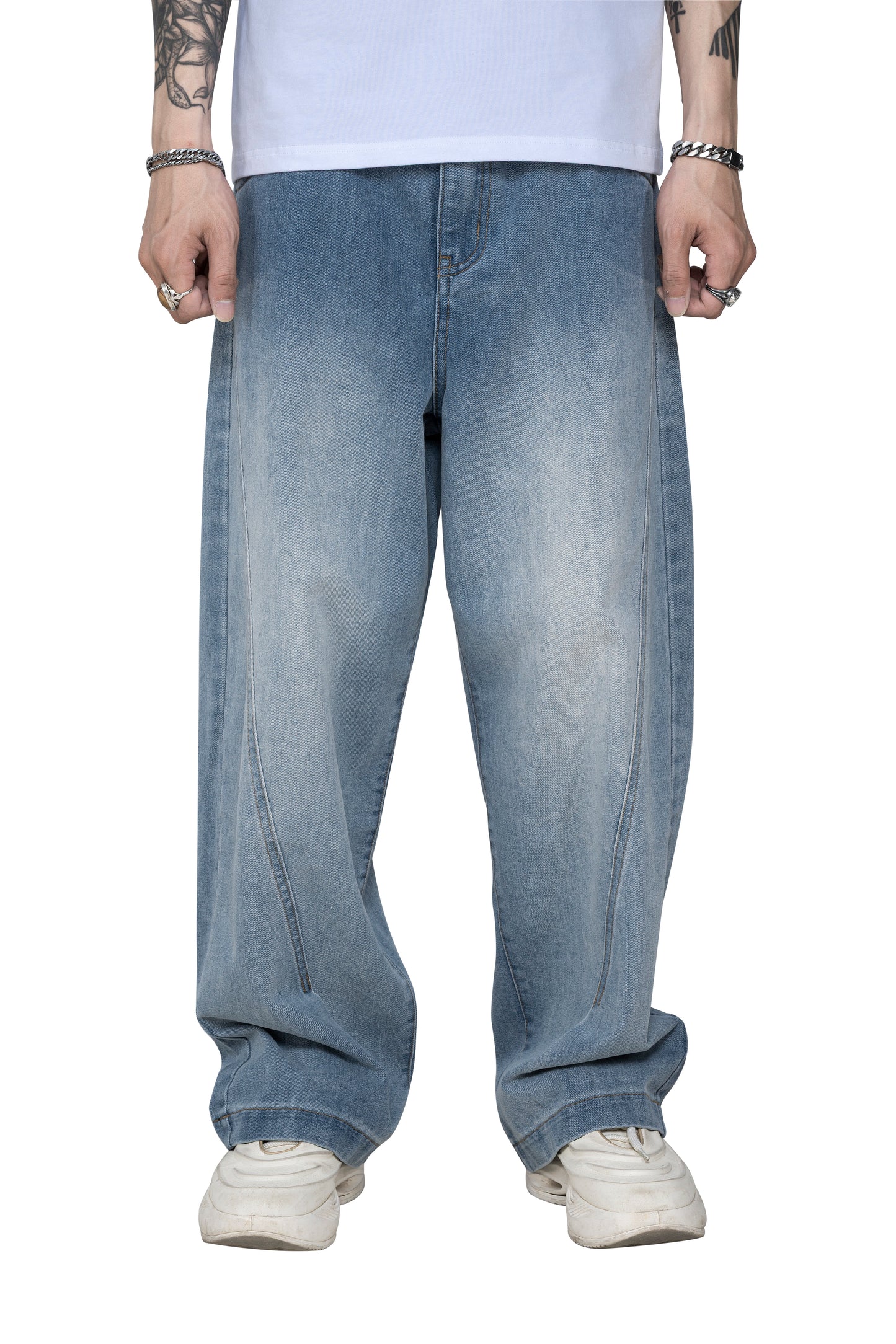 Fade Line Jeans | Architectural Paneled Wide-Leg Denim - Vintage Indigo Fade Streetwear Pants