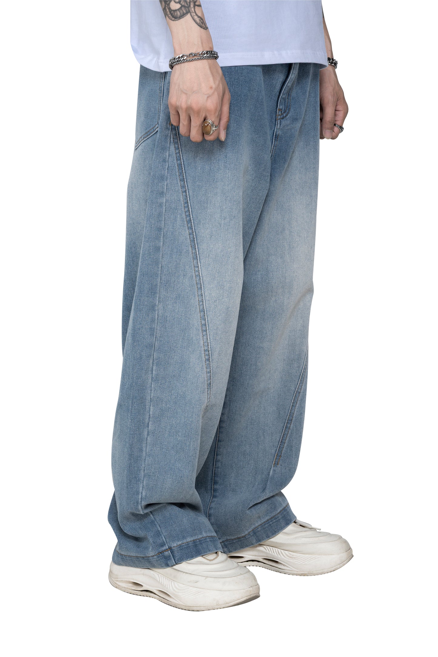Fade Line Jeans | Architectural Paneled Wide-Leg Denim - Vintage Indigo Fade Streetwear Pants