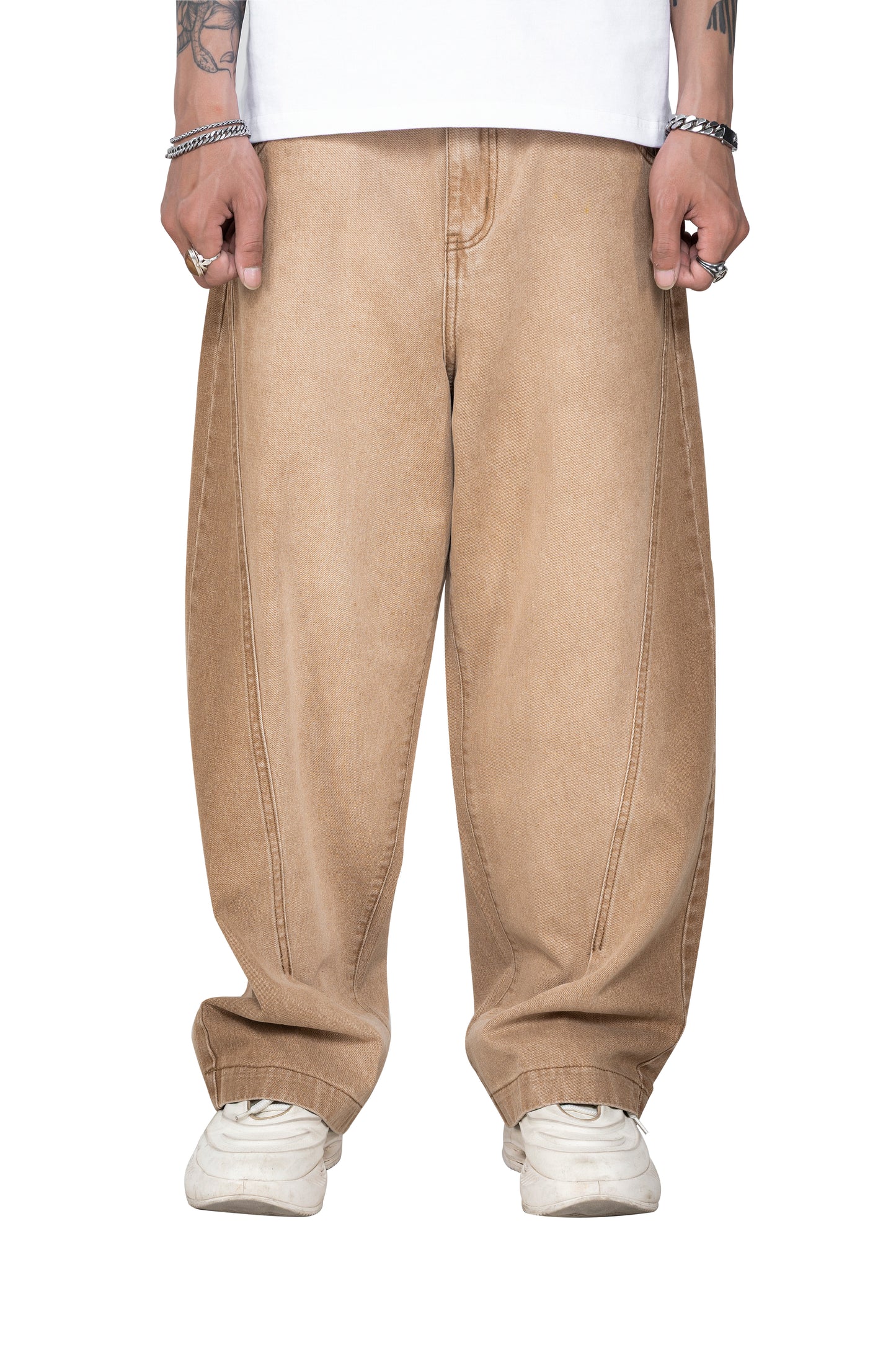 Dune Line Jeans | Wide Leg Paneled Denim - Vintage Sand Wash Earth Tone Streetwear Pants