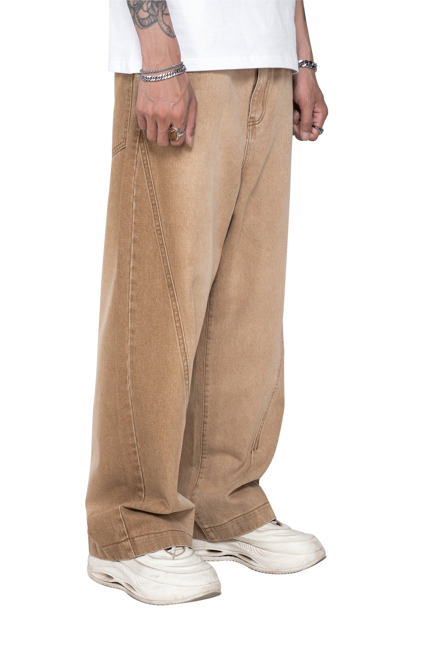 Dune Line Jeans | Wide Leg Paneled Denim - Vintage Sand Wash Earth Tone Streetwear Pants