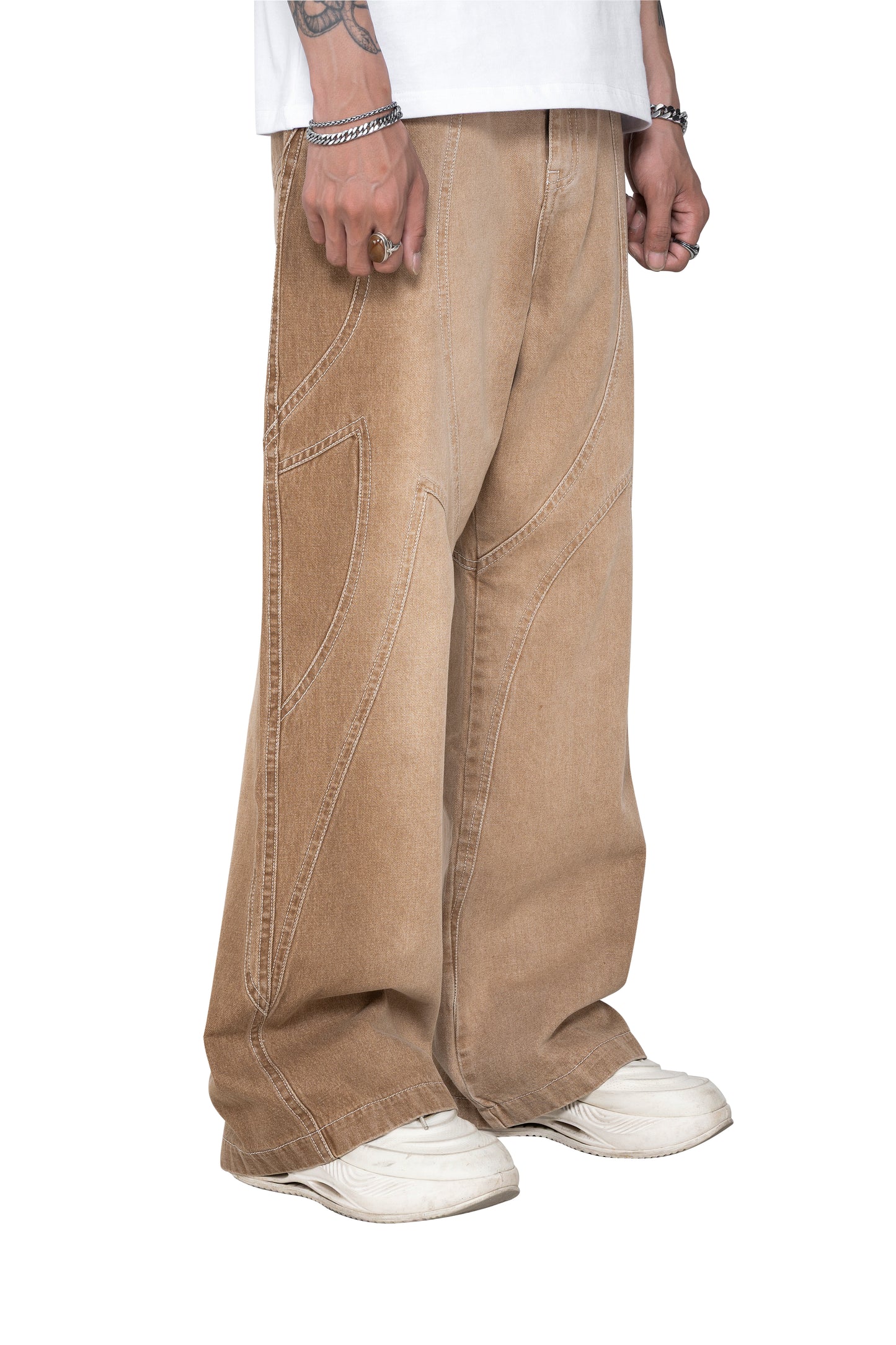 Dune ARC Jeans | Curved Paneled Wide-Leg Denim - Vintage Sand Wash Streetwear Pants