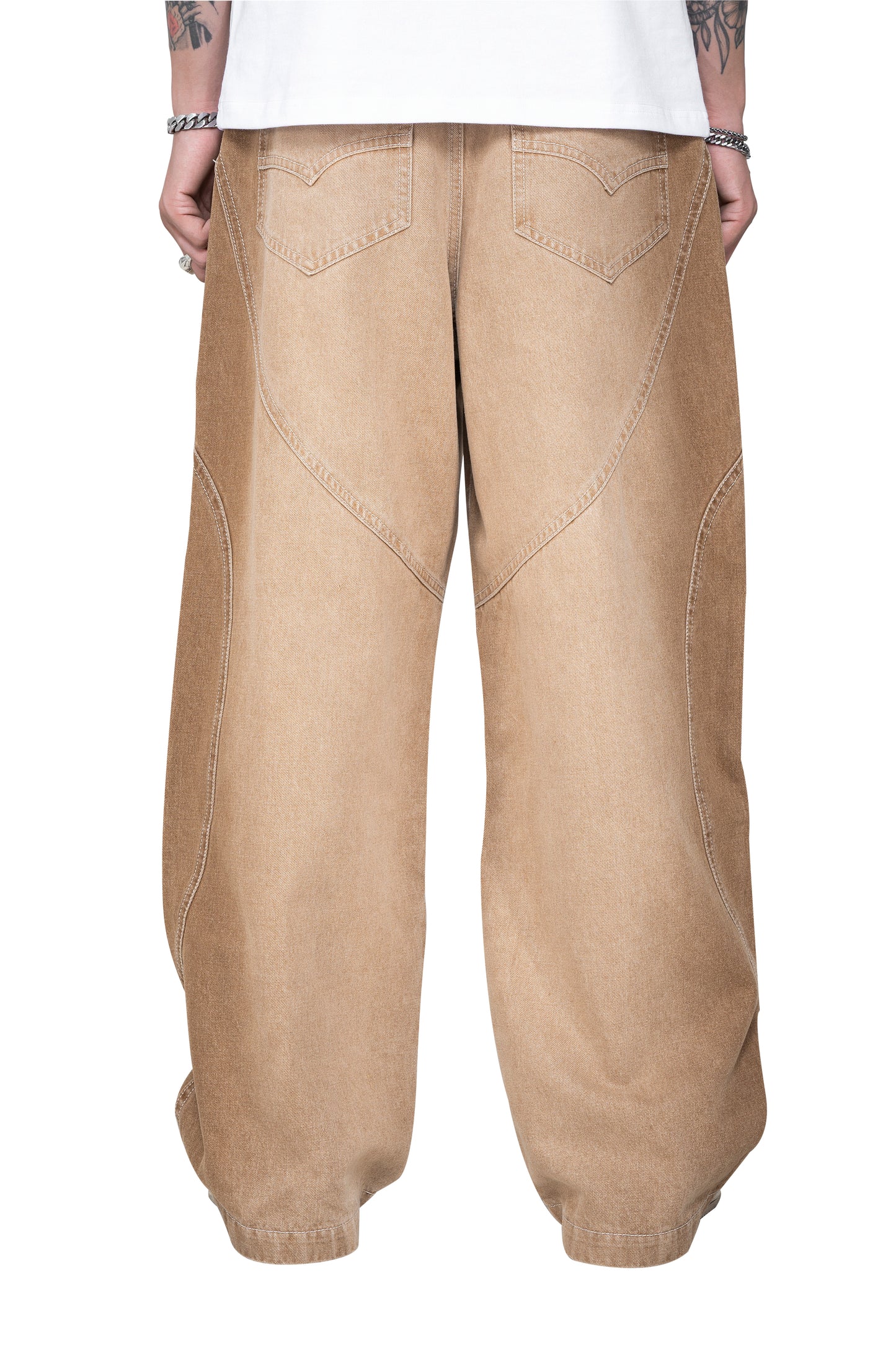 Dune ARC Jeans | Curved Paneled Wide-Leg Denim - Vintage Sand Wash Streetwear Pants