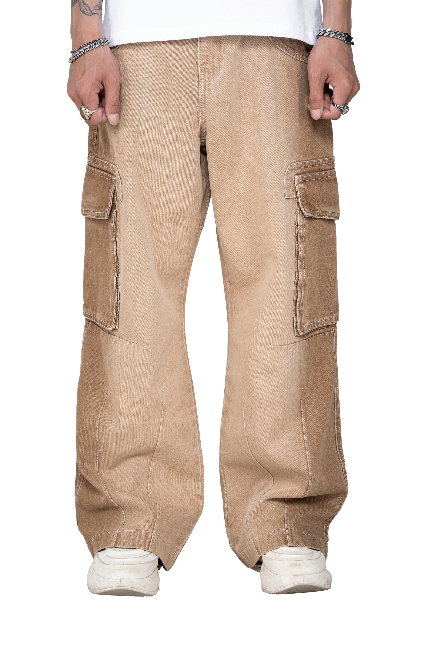 Dune Flow Cargo Pants | Streamlined Wide Leg Denim - Vintage Sand Wash Earth Tone Streetwear
