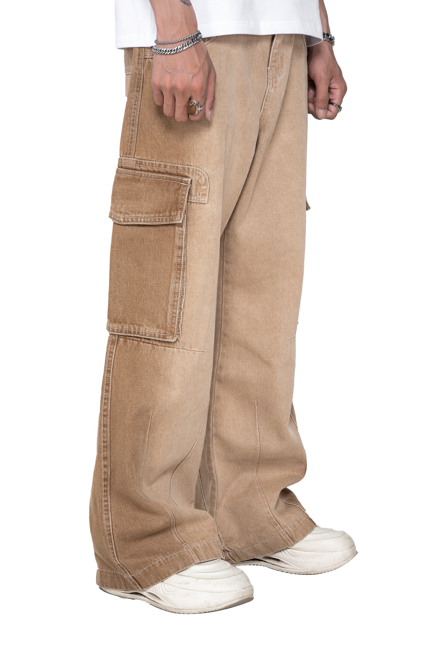 Dune Flow Cargo Pants | Streamlined Wide Leg Denim - Vintage Sand Wash Earth Tone Streetwear