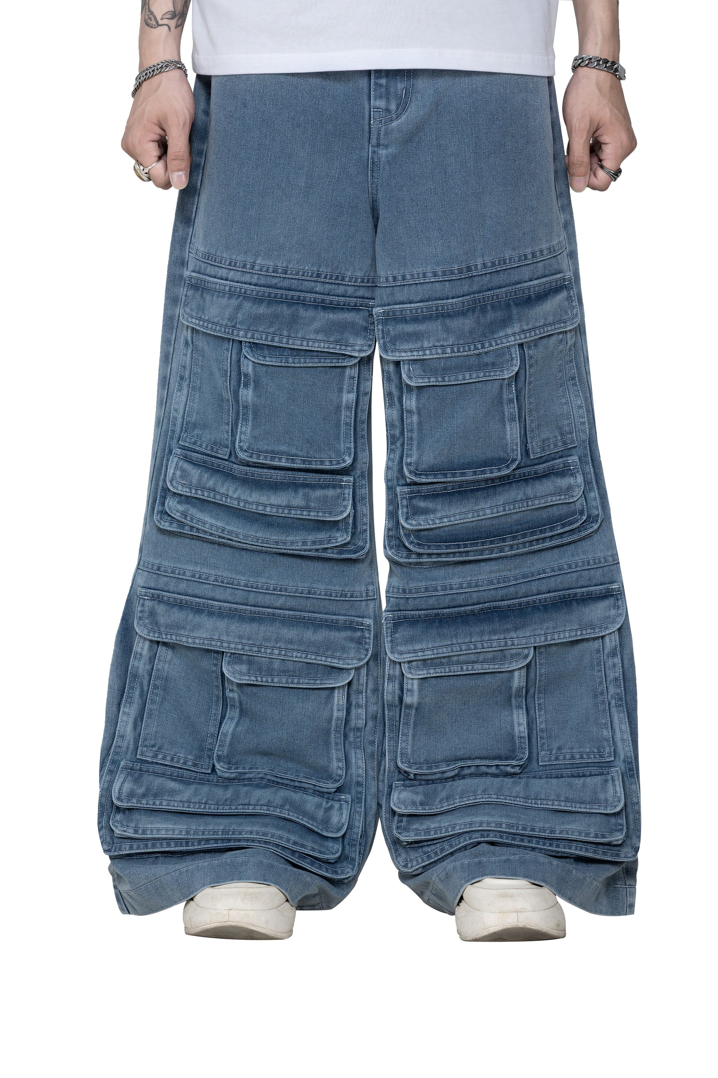 Fade Stack Cargo Pants | 3D Multi-Pocket Wide Leg Denim - Vintage Indigo Fade High-Utility Streetwear